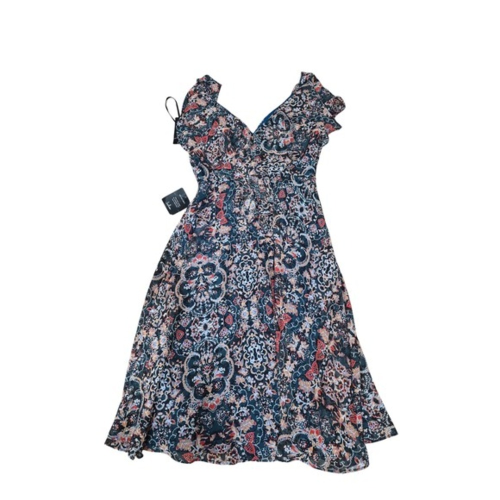 Lulus Floral Print Midi Dress V Neck Ruffle Sleeve‎ Bohemian Womens Size Small